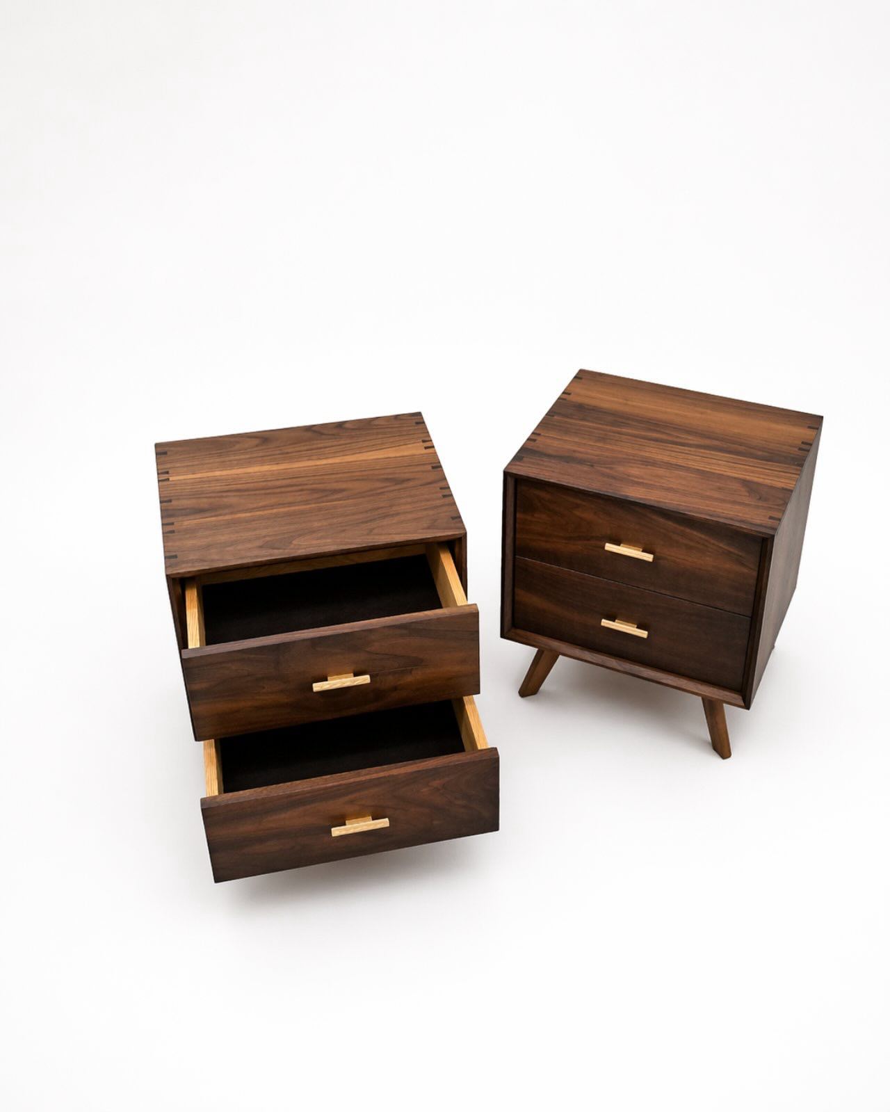 Looking down onto the two nightstands, hand-cut dovetail pins visible along the top corners